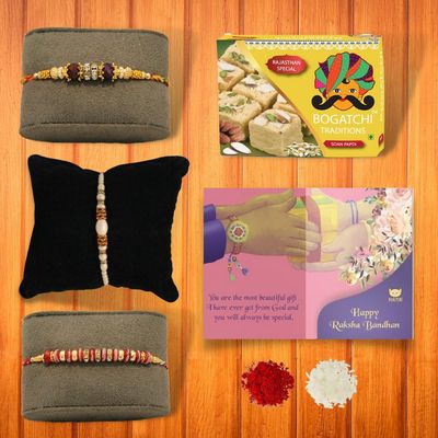 BOGATCHI Rakhi for brother, Rakhi sweets and chocolates, Cultural Soan papdi 200g + 3 Rakhi 30 + Roli Chawal + Card