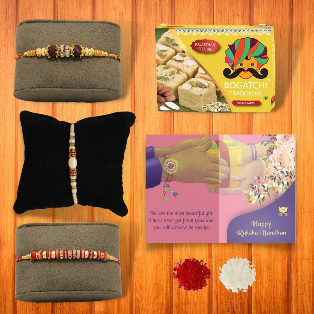 BOGATCHI Rakhi for brother, Rakhi sweets and chocolates, Cultural Soan papdi 200g + 3 Rakhi 30 + Roli Chawal + Card