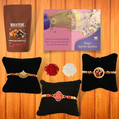 BOGATCHI Rakhi for brother, Rakhi sweets and chocolates, Choco Butterscotch + 3 Rakhi 50 + Roli Chawal + Card