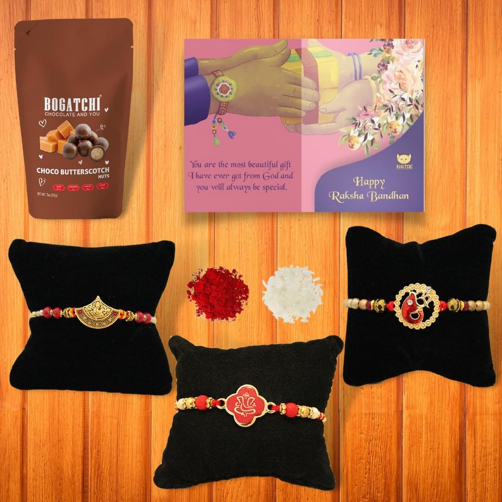 BOGATCHI Rakhi for brother, Rakhi sweets and chocolates, Choco Butterscotch + 3 Rakhi 50 + Roli Chawal + Card