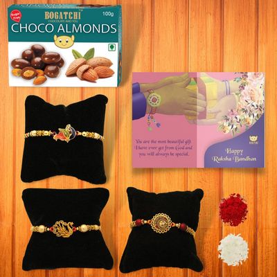 BOGATCHI Rakhi for brother, Rakhi sweets and chocolates, Choco Almonds + 3 Rakhi 50 + Roli Chawal + Card