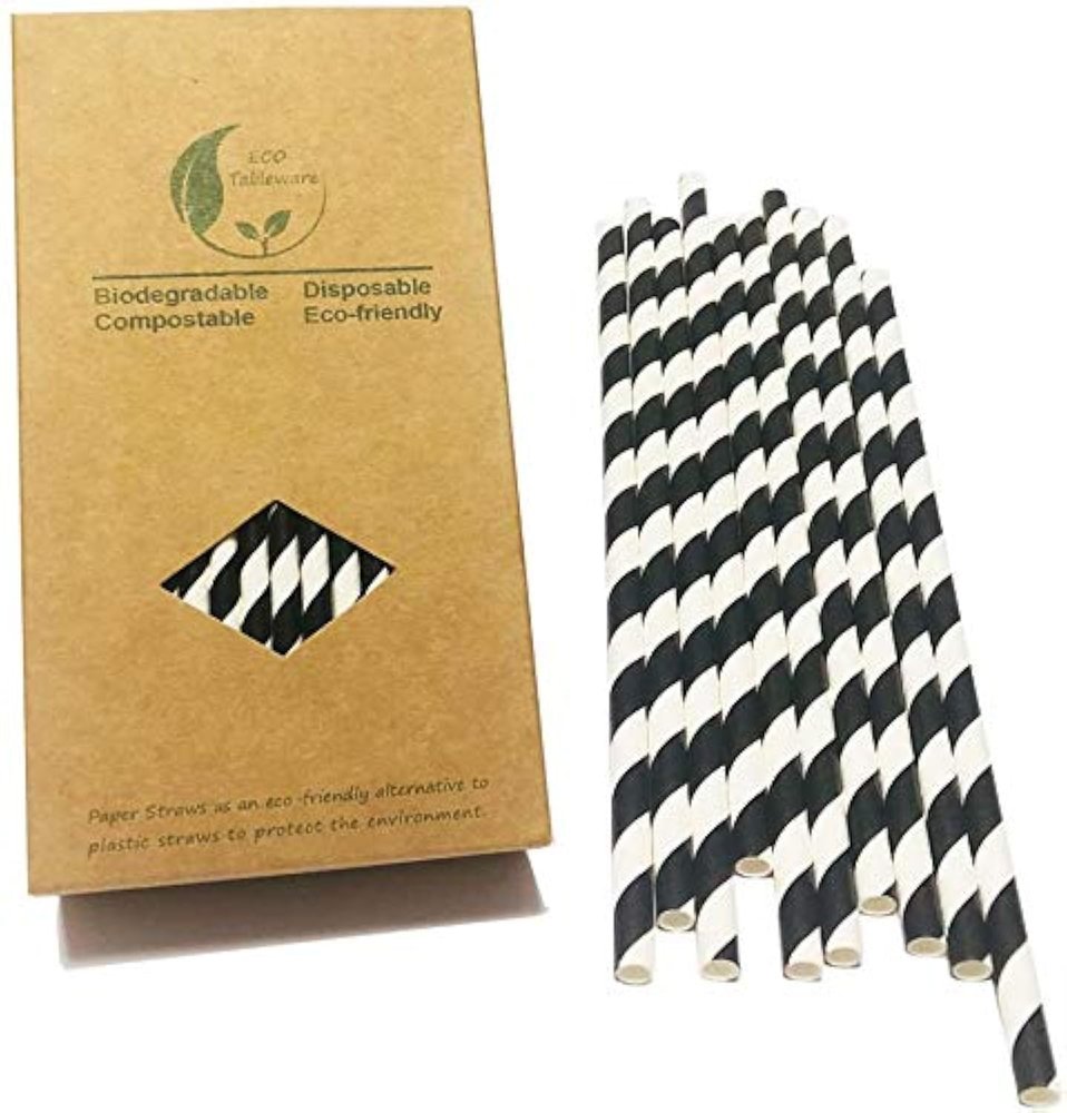 Black and White Striped Paper Straws, 100% Biodegradable and Compostable Black Striped Drinking Straws For Party Supplies, Birthday, Restaurant, Food Service