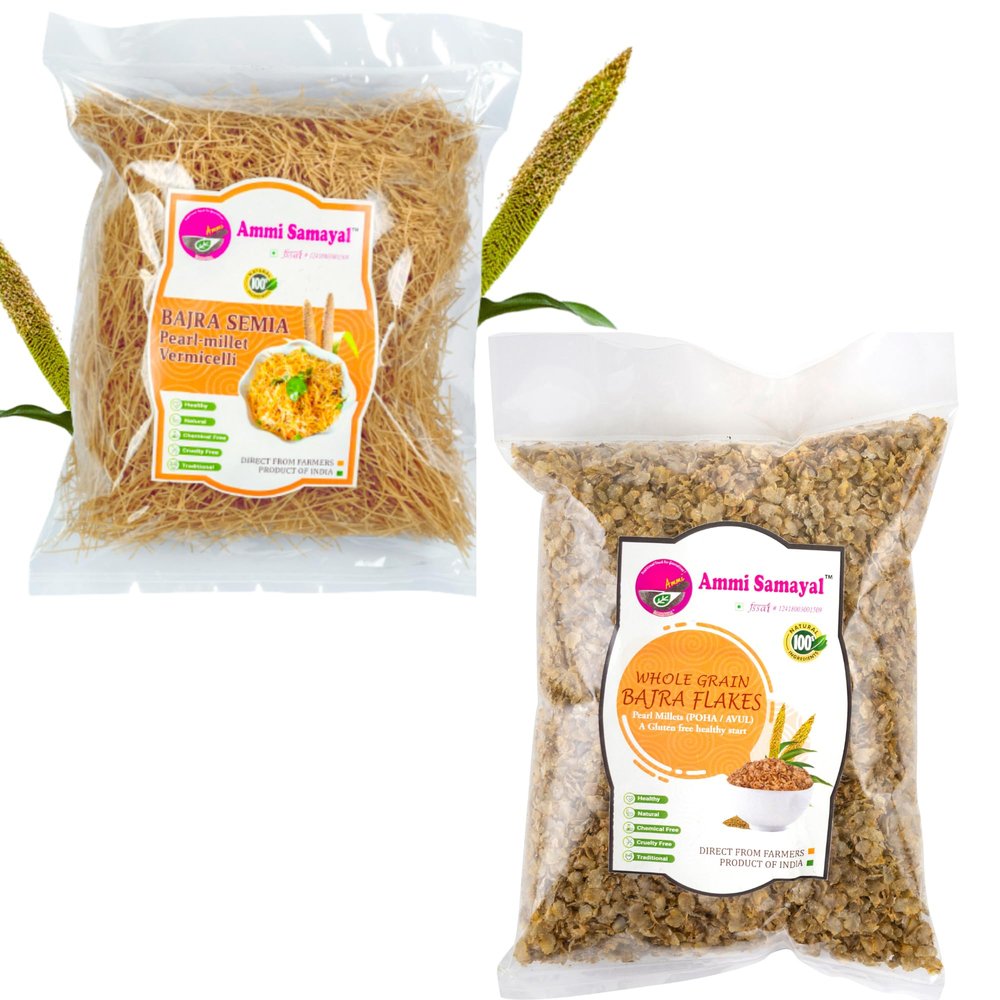 Ammi Samayal Peral Millet Breakfast Combo  Bajra (Kambu) Flakes 500g & Bajra (Kambu) Vermicelli 350g | Healthy Organic Millet | Traditional South Indian Breakfast