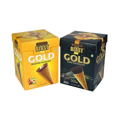Pure Temptation Gold Chocoblast - Waffle Cone Chocolates - Birthday Party Return Gift Distribution | Pack of 2 Chocolate Box with Flavours - 50% Dark Chocolate (10 pcs) & Hazelnut Chocolate (10 pcs)