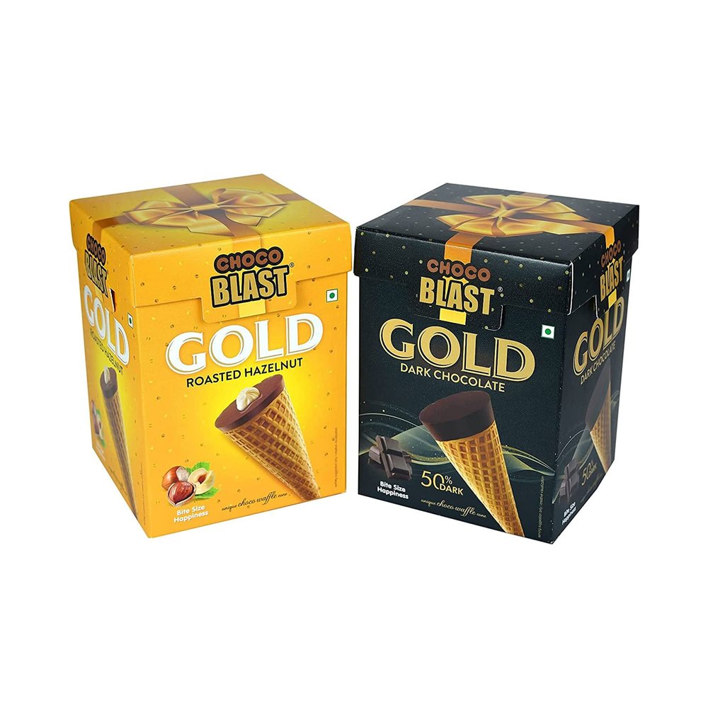 Pure Temptation Gold Chocoblast - Waffle Cone Chocolates - Birthday Party Return Gift Distribution | Pack of 2 Chocolate Box with Flavours - 50% Dark Chocolate (10 pcs) & Hazelnut Chocolate (10 pcs)