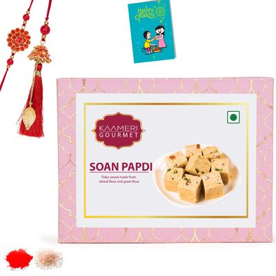 Kaameri Bazaar Rakhi for Brother and bhabhi combo with Sweets - Rakhi and lumba with soan papdi Gift Pack Greeting Card and Roli Chawal - Rakhi Gift for Brother and bhabhi - Pachi Red Rakhi