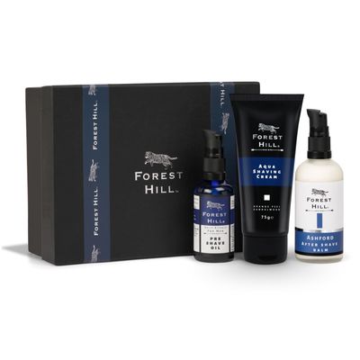 Forest Hill Men Grooming Diwali Gift Set, Pack of 3 Luxury Shaving Kit, Pre Shave Oil 50ml, Aqua Shaving Cream 75g & Alcohol Free, Ashford Aftershave Balm 100ml For Personal & Professional Salon
