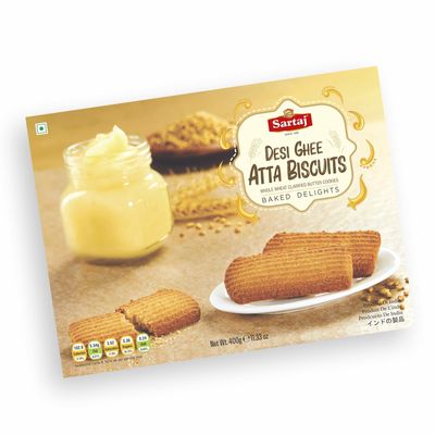 Sartaj Desi Ghee Atta Biscuits, 400g Pack | Whole Wheat Cookie Biscuits | Premium Handmade Atta Cookies