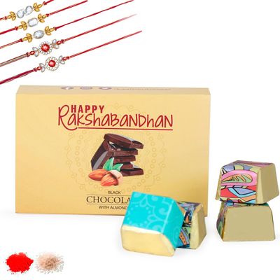Kaameri Bazaar Rakhi for Brother combo with chocolate - Set of 5 Rakhi with 4 PC Dark chocolate Gift Pack Greeting Card and Roli Chawal - Rakhi Gift for Brother - Crystal rakhi