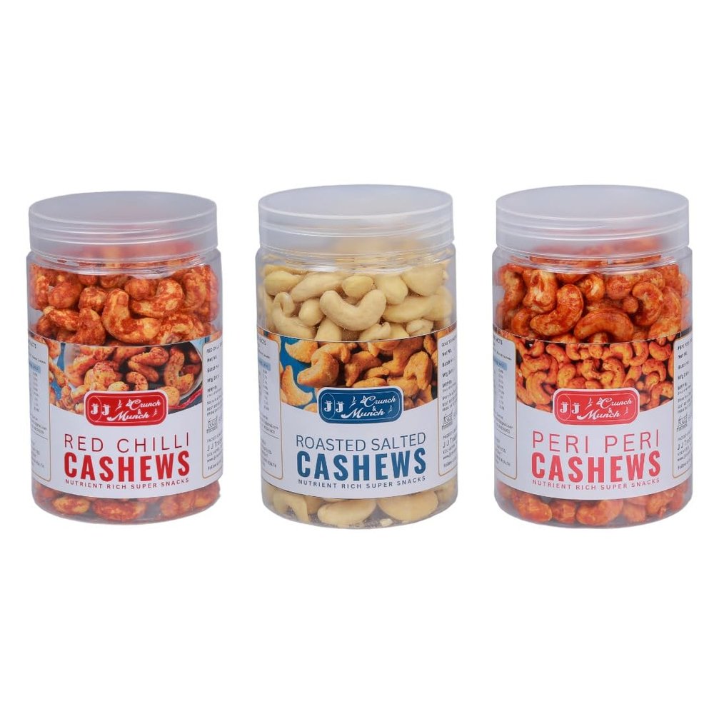 J J crunch N munch Premium Roasted cashew dry fruits combo pack of 3 Salted cashew + Red Chili Masala + Peri peri Cashews 250 grams each Low Sodium, Oil Free