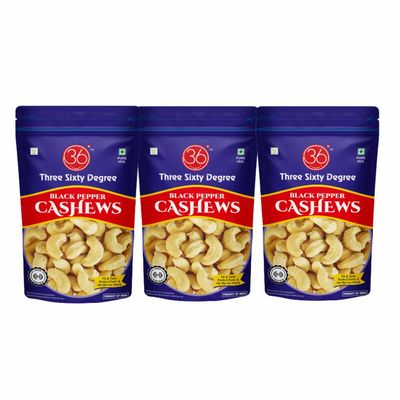 360 Three Sixty Degree Black Pepper Kali Mirch Masala Cashews, Crunchy Salty Kaju Dry Fruit, Zero Oil Added Oven Roasted, Tasty and Nutritious with Zipper Pack, 495g (165g x 3)