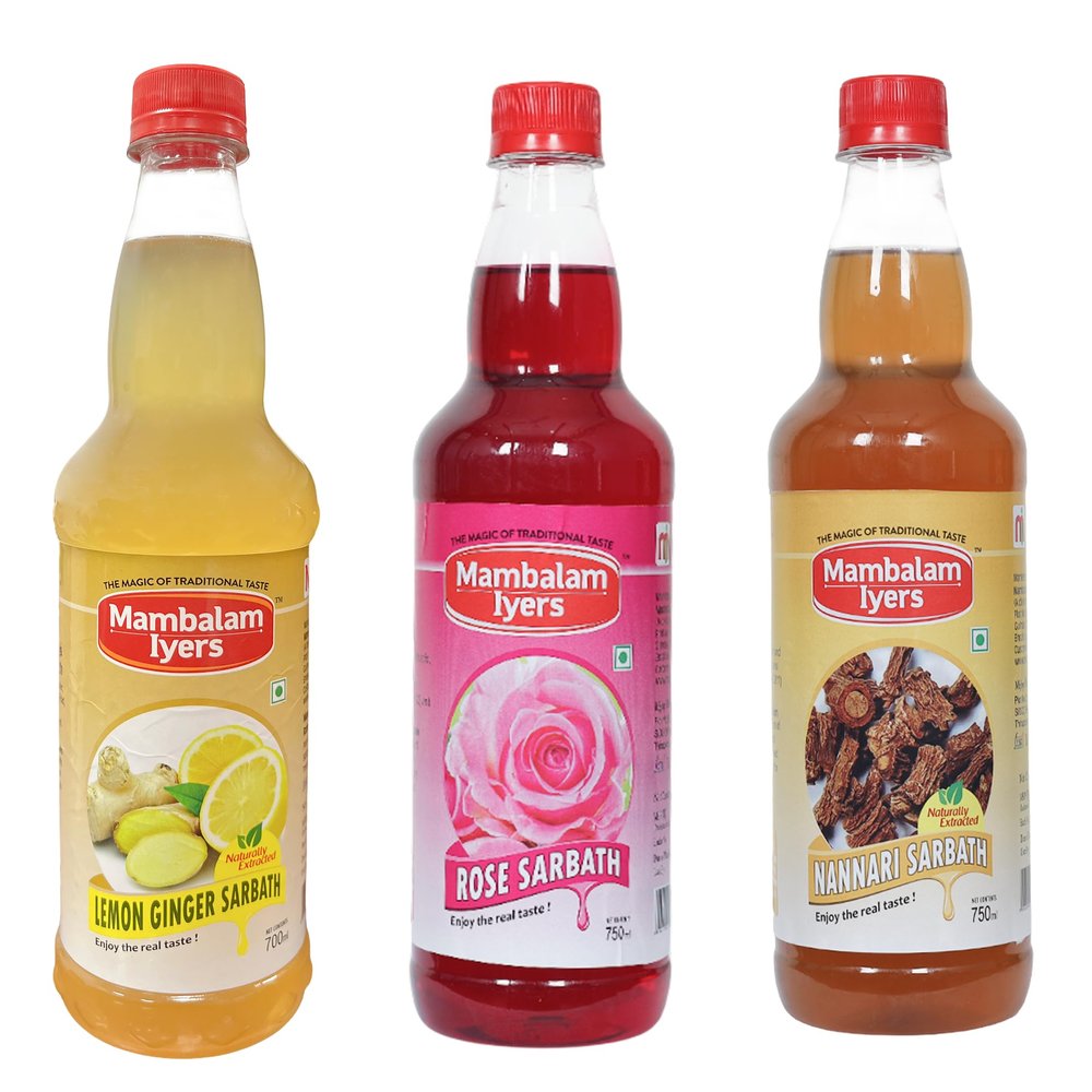 Squash Combo Pack - Mambalam Iyers Lemon Ginger Sarbath + Nannari Sarbath + Rose Sarbath