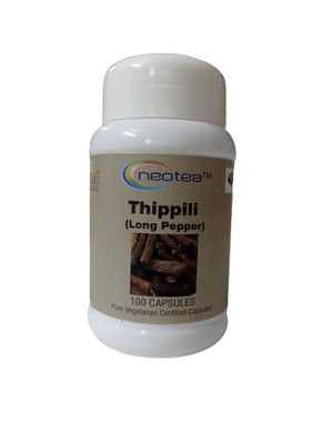 Neotea Tippili Long Pepper Capsules | Piper Longum Herbal Supplement | Supports Digestive Health, Respiratory Wellness & Immunity | Natural Detox & Metabolism Booster | Ayurvedic Remedy for Men & Women | 500MG - 100 Veg Capsules