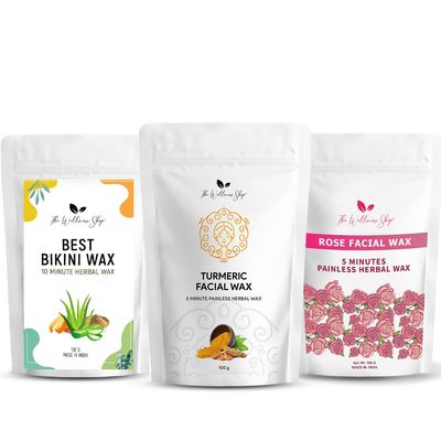 The Wellness Shop - Turmeric Facial Wax + Rose Facial Hair Removal + Bikini Wax - 5 Minute Painless Herbal Wax Powder All Type Skin For Women & Men, Pack of 1