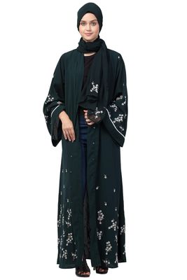 Mallika Front Open Front & Back sleeve Embroidered with Hijab Abaya cum Kaftan (4XL)