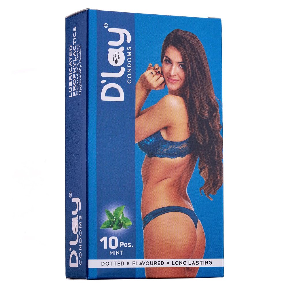 D'lay Dotted Real Feel Condoms for Men | Ultra Soft | For Extra Pleasure and satisfaction | Long Lasted, Lubricated | Mint Flavour Condoms - 10 (Pack of 1)