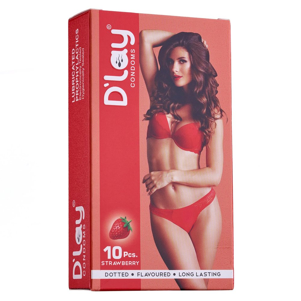 D'lay Dotted Real Feel Condoms for Men | Ultra Soft | For Extra Pleasure and satisfaction | Long Lasted, Lubricated | Strawberry Flavour Condoms - 10 (Pack of 1)