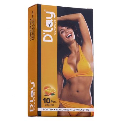 D'lay Dotted Real Feel Condoms for Men | Ultra Soft | For Extra Pleasure and satisfaction | Long Lasted, Lubricated | Orange Flavour Condoms - 10 (Pack of 1)
