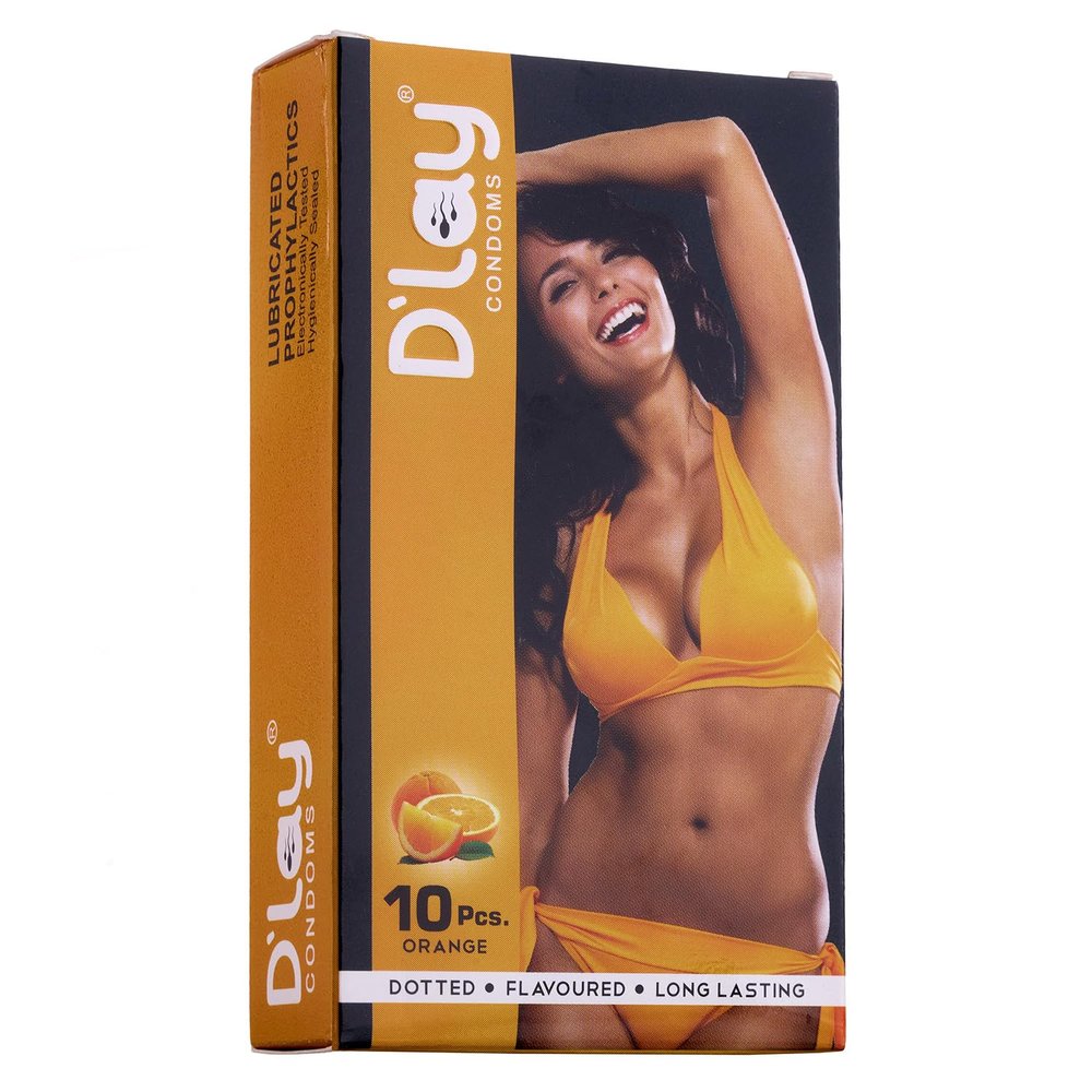 D'lay Dotted Real Feel Condoms for Men | Ultra Soft | For Extra Pleasure and satisfaction | Long Lasted, Lubricated | Orange Flavour Condoms - 10 (Pack of 1)