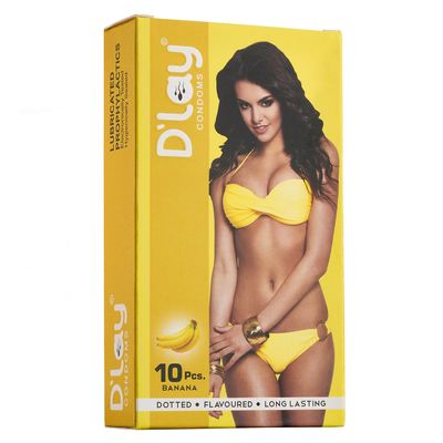 D'lay Dotted Real Feel Condoms for Men | Ultra Soft | For Extra Pleasure and satisfaction | Long Lasted, Lubricated | Banana Flavour Condoms - 10 (Pack of 1)