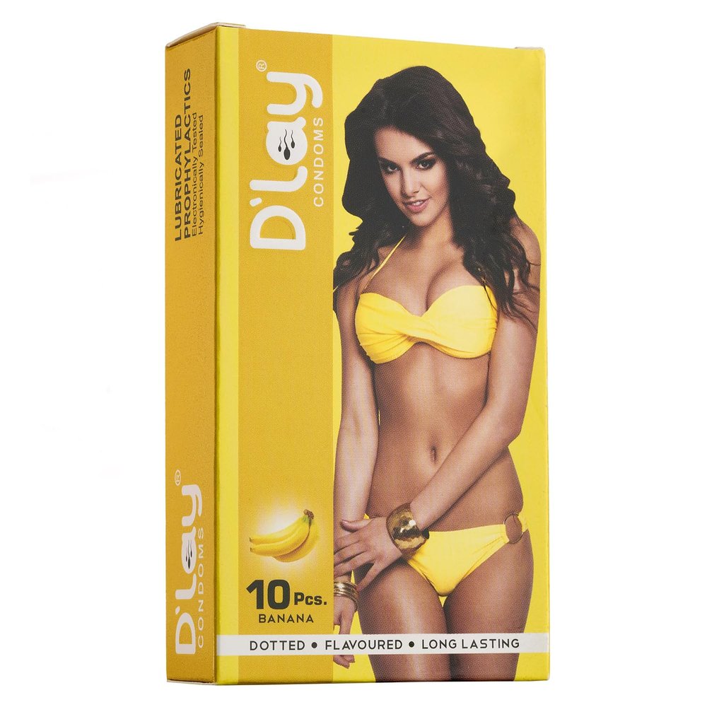 D'lay Dotted Real Feel Condoms for Men | Ultra Soft | For Extra Pleasure and satisfaction | Long Lasted, Lubricated | Banana Flavour Condoms - 10 (Pack of 1)