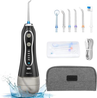 H2ofloss Water Flosser Portable Dental Oral Irrigator with 5 Modes, 6 Replaceable Jet Tips, Rechargeable Waterproof Teeth Cleaner for Home and Travel -300ml Detachable Reservoir (Black Gold)