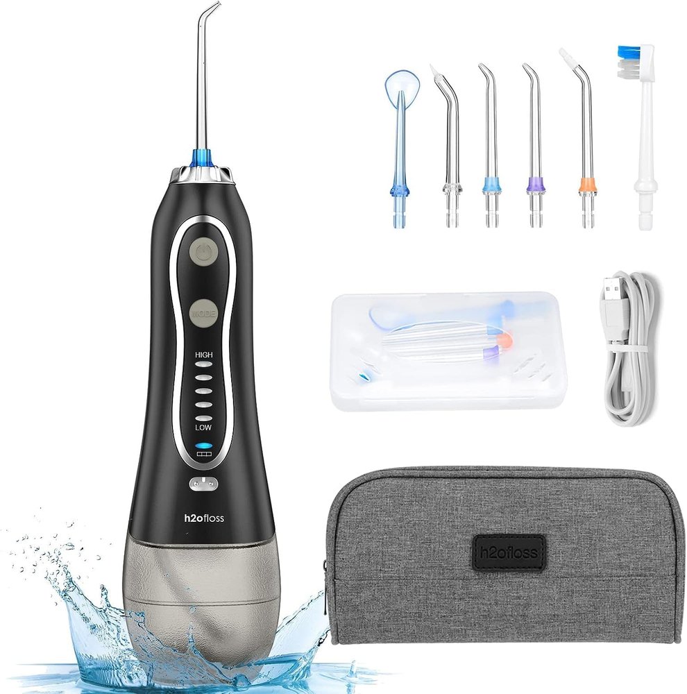 H2ofloss Water Flosser Portable Dental Oral Irrigator with 5 Modes, 6 Replaceable Jet Tips, Rechargeable Waterproof Teeth Cleaner for Home and Travel -300ml Detachable Reservoir (Black Gold)
