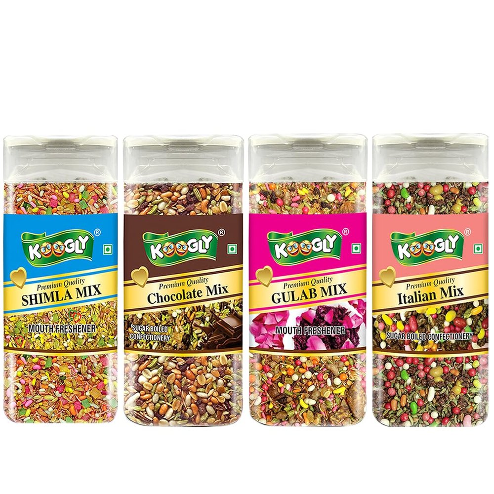 KOOGLY SHIMLA MIX + CHOCOLATE MIX + GULAB MIX + ITALIAN MIX - HEALTHY DIGESTIVE | Sweet Saunf Mouth Freshener, After Meal and Drink Mukhwas Mouth Freshener - Easy to Store