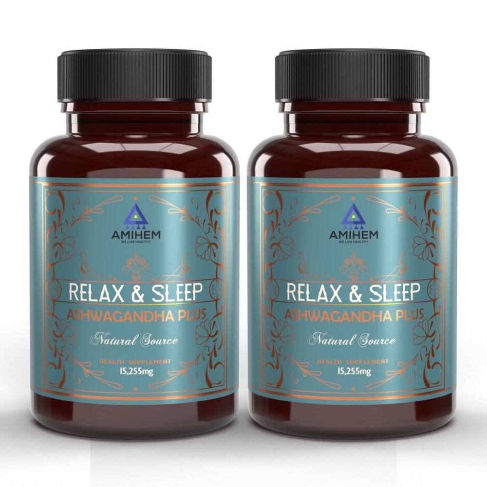 AMIHEM Ashwagandha Capsules 500mg | Stress Relief, Sleep Support & Cognitive Enhancement | Added Vitamin E and Vitamin B6 | Pack of 2