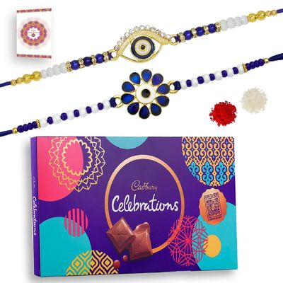 JAIPUR ACE Rakhi Hamper With Chocolate Celebration Box Combo Pack, Rakshabandhan Rakhi Gift Hamper For Brother/Bro With Roli Kumkum & Greeting Card (2 Evil Eye Rakhi + Celebratio), 250 Gm