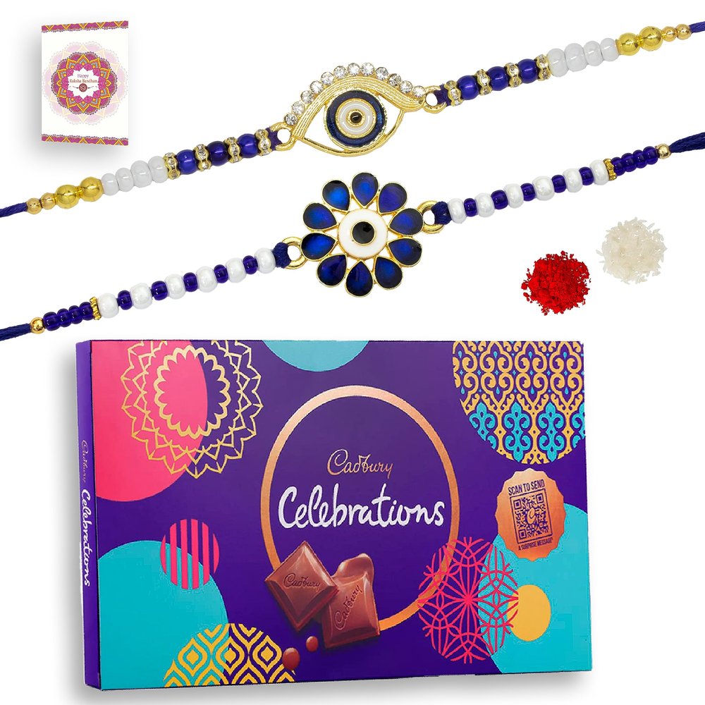 JAIPUR ACE Rakhi Hamper With Chocolate Celebration Box Combo Pack, Rakshabandhan Rakhi Gift Hamper For Brother/Bro With Roli Kumkum & Greeting Card (2 Evil Eye Rakhi + Celebratio), 250 Gm