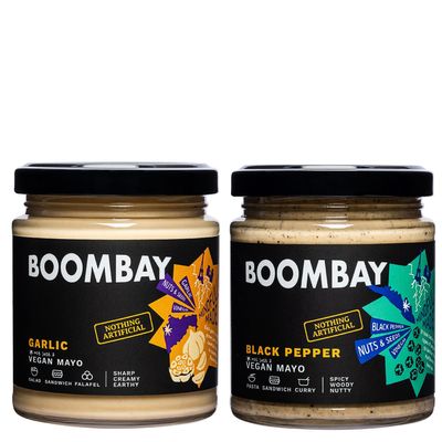 BOOMBAY Most Loved Vegan Mayo Combo Pack|Garlic Vegan Mayo And Black Pepper Vegan Mayo 190G|Plant Based|Sustainably Farmed|No Refined Sugar|No Bad Oils|100% Natural,190 Grams