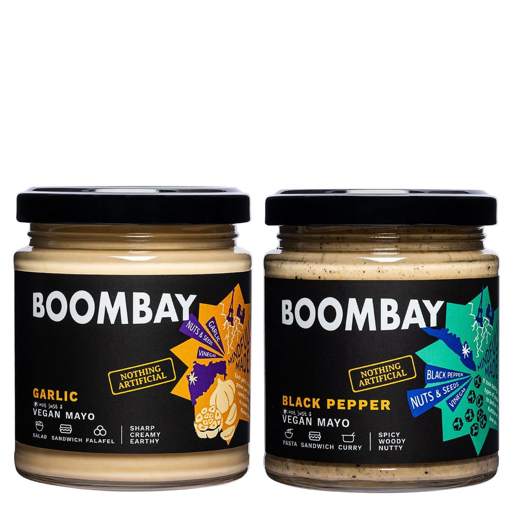 BOOMBAY Most Loved Vegan Mayo Combo Pack|Garlic Vegan Mayo And Black Pepper Vegan Mayo 190G|Plant Based|Sustainably Farmed|No Refined Sugar|No Bad Oils|100% Natural,190 Grams