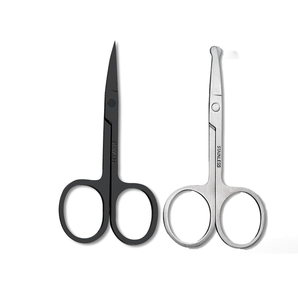 Black and Sliver 2 Pack Curved and Rounded Facial Hair Scissors Set for Men Women - Mustache, Nose, Beard, Eyebrows, Eyelashes and Ear Hair Cutting Scissors - Stainless Steel Trimming Scissors
