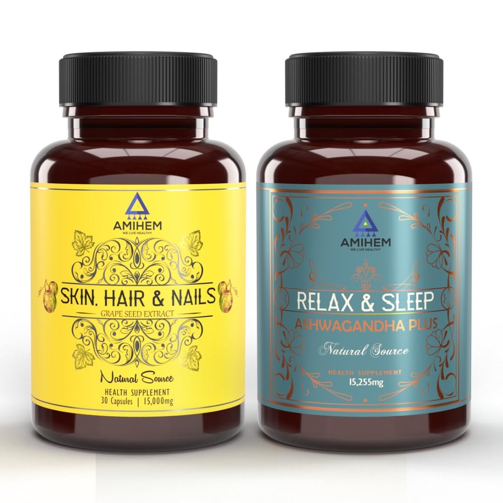 AMIHEM's Antioxidant Bundle: Grape Seed Extract Capsules | Ashwagandha Capsules with Vitamin E & Vitamin B6 | Antioxidant Capsules