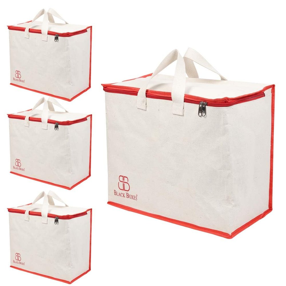 BLACKBOXES Canvas Reinforced Cotton Handles with Multipurpose Clothes Storage Organizer For Grocery vegetable shopping and Covers Zip Bags (Pack of 4)