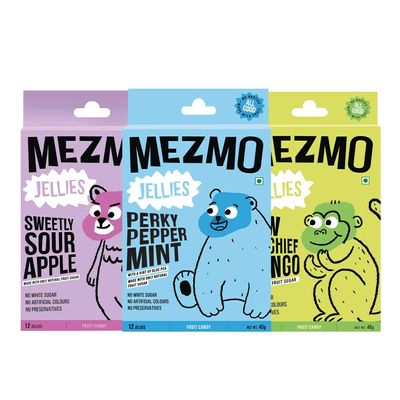 MEZMO soft jelly healthy n yummy candy with natural fruit sugar 144gms 36 jellies (Pack of 3) - Perky Peppermint, Raw Mango & Sweetly Sour Apple
