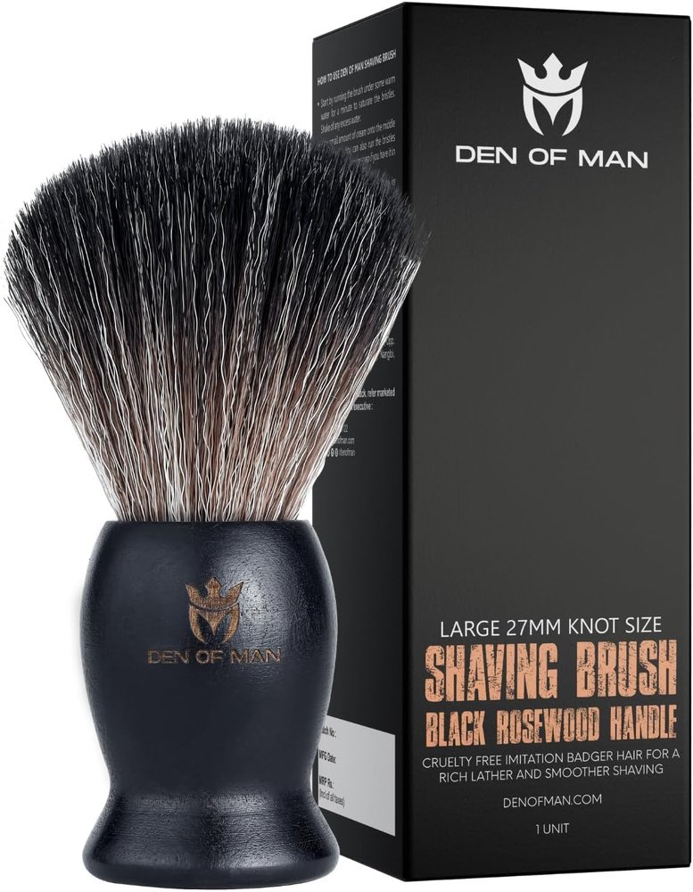 Den of Man Jumbo 27mm Knot Premium Cruelty Free Imitation Badger Hair Shaving Brush, Soft & Ultra Absorbent Bristles For Smooth Shave, Real Rosewood Handle