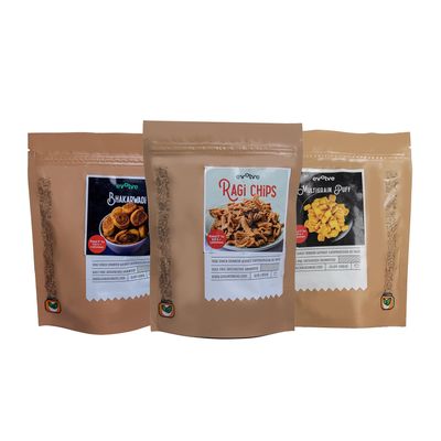 Evolve Healthy Snacks Combo for Kids, Adults | Gluten Free, High Protein, Organic | Ragi Chips,Bhakarwadi, Multigrain Puffs | Indian Snack - Pack of 3