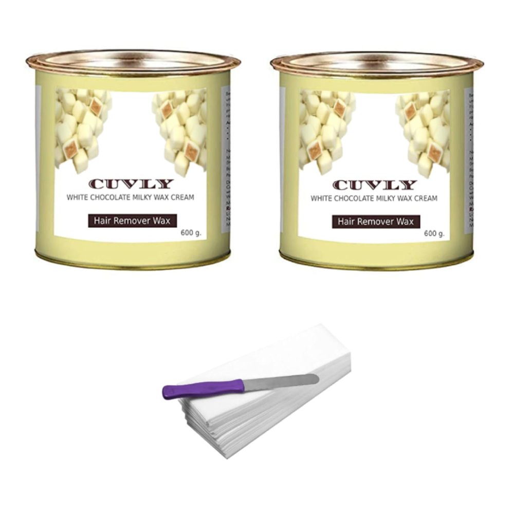 CUVLY Women Waxing Hair Removal Wax, Waxing Kit, Hair Removal Body Wax - (Pack of Milkey White Chocolate Wax 600 G + 600 G + 35 Waxing Strips + Knife)
