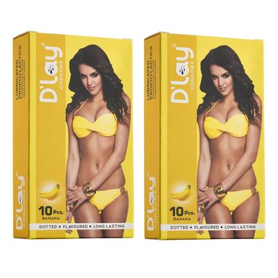 D'lay Dotted Real Feel Condoms for Men | Ultra Soft | For Extra Pleasure and satisfaction | Long Lasted, Lubricated | Banana Flavour Condoms - 10 (Pack of 2)