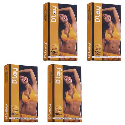 D'lay Dotted Real Feel Condoms for Men | Ultra Soft | For Extra Pleasure and satisfaction | Long Lasted, Lubricated | Orange Flavour Condoms - 10 (Pack of 4)