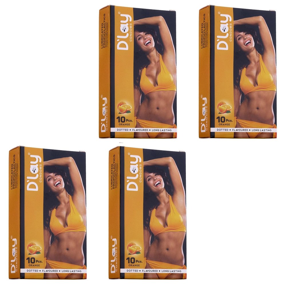 D'lay Dotted Real Feel Condoms for Men | Ultra Soft | For Extra Pleasure and satisfaction | Long Lasted, Lubricated | Orange Flavour Condoms - 10 (Pack of 4)