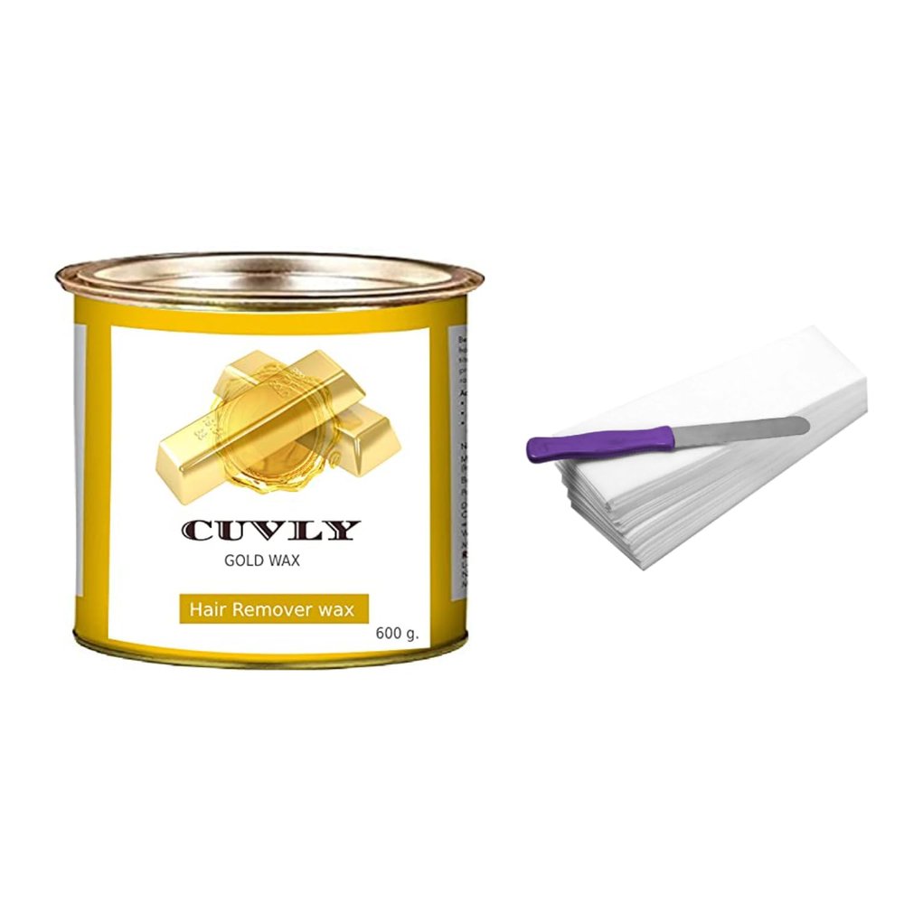 CUVLY Waxing Hair Removal Wax, Waxing Kit, Hair Removal Body Wax - (Gold Wax 600 g + 35 Waxing Strips + Knife)