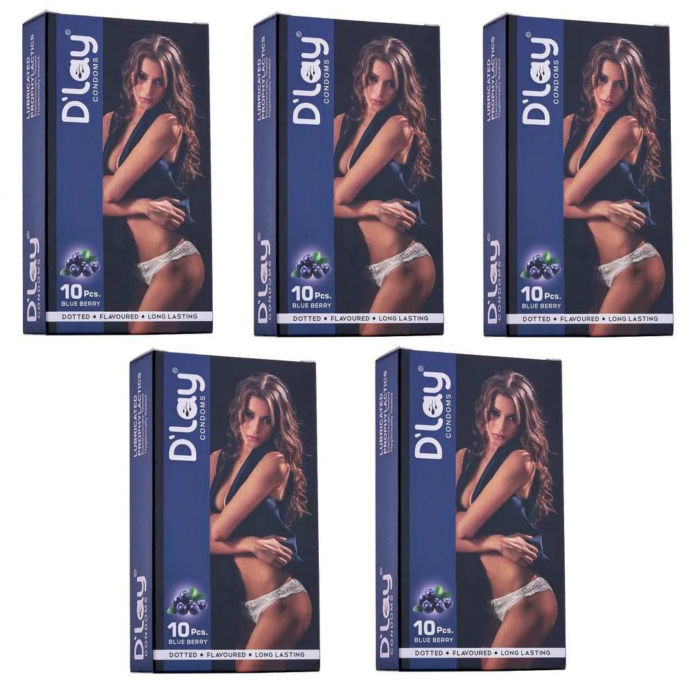 D'lay Dotted Real Feel Condoms for Men | Ultra Soft | For Extra Pleasure and satisfaction | Long Lasted, Lubricated | Blue Berry Flavour Condoms - 10 (Pack of 5)