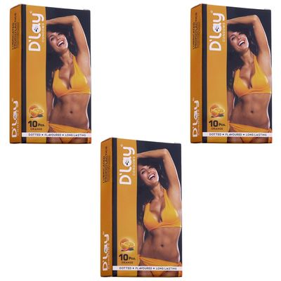 D'lay Dotted Real Feel Condoms for Men | Ultra Soft | For Extra Pleasure and satisfaction | Long Lasted, Lubricated | Orange Flavour Condoms - 10 (Pack of 3)