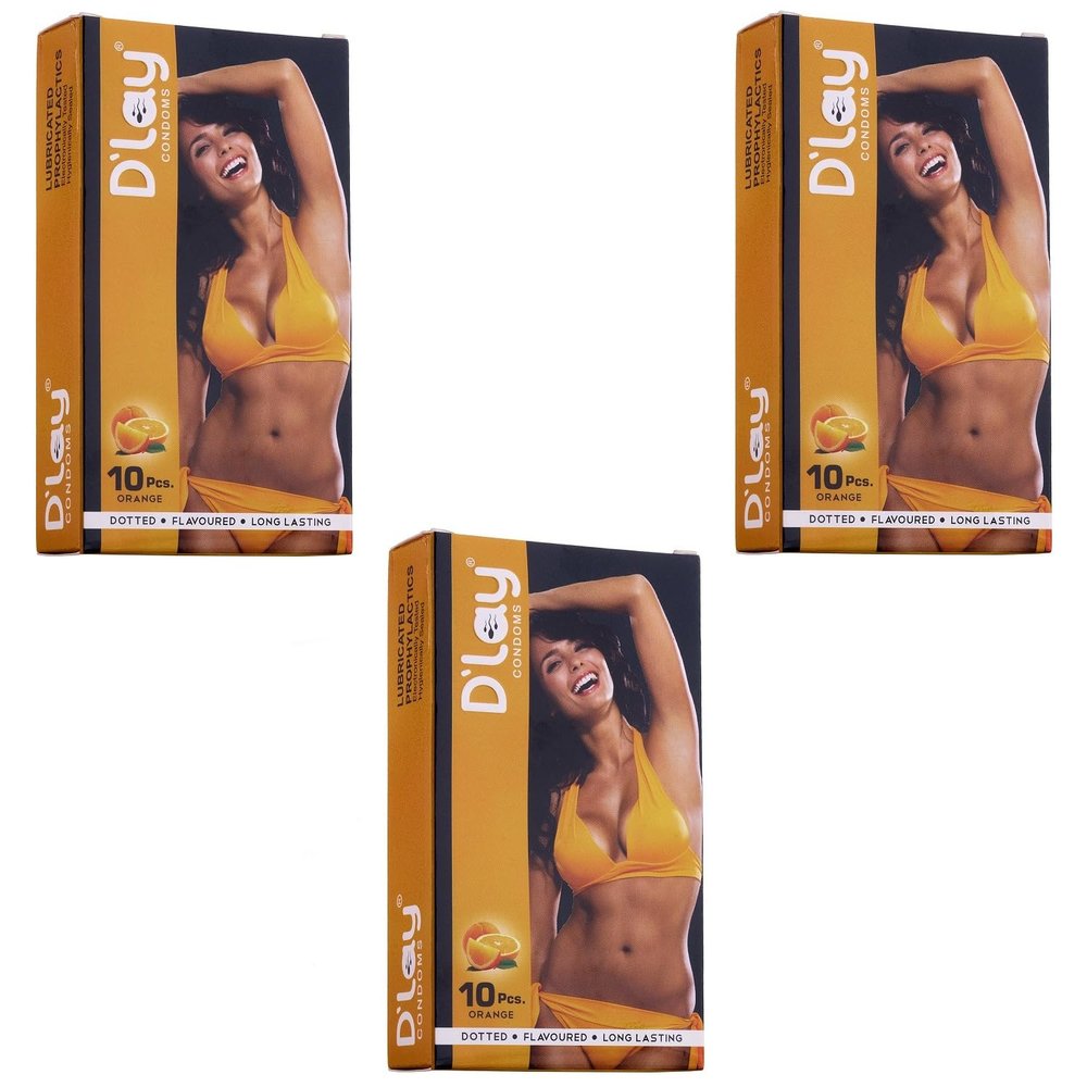 D'lay Dotted Real Feel Condoms for Men | Ultra Soft | For Extra Pleasure and satisfaction | Long Lasted, Lubricated | Orange Flavour Condoms - 10 (Pack of 3)