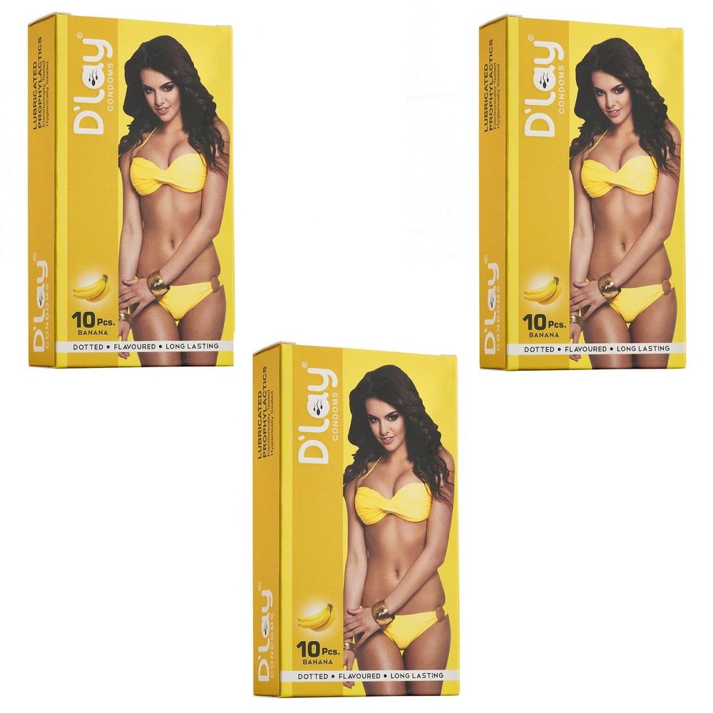 D'lay Dotted Real Feel Condoms for Men | Ultra Soft for Extra Pleasure and satisfaction | Long Lasted, Lubricated | Banana Flavour Condoms - 10 (Pack of 3)