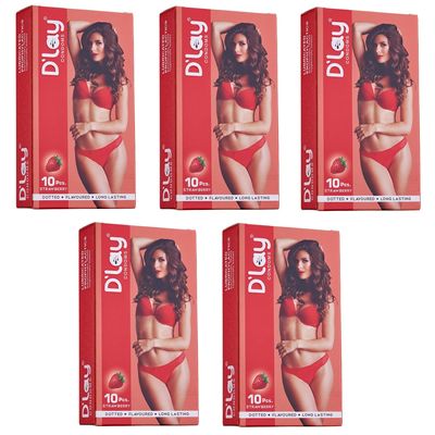 D'lay Dotted Real Feel Condoms for Men | Ultra Soft for Extra Pleasure and Satisfaction | Long Lasted, Lubricated | Strawberry Flavour Condoms - 10 (Pack of 5)