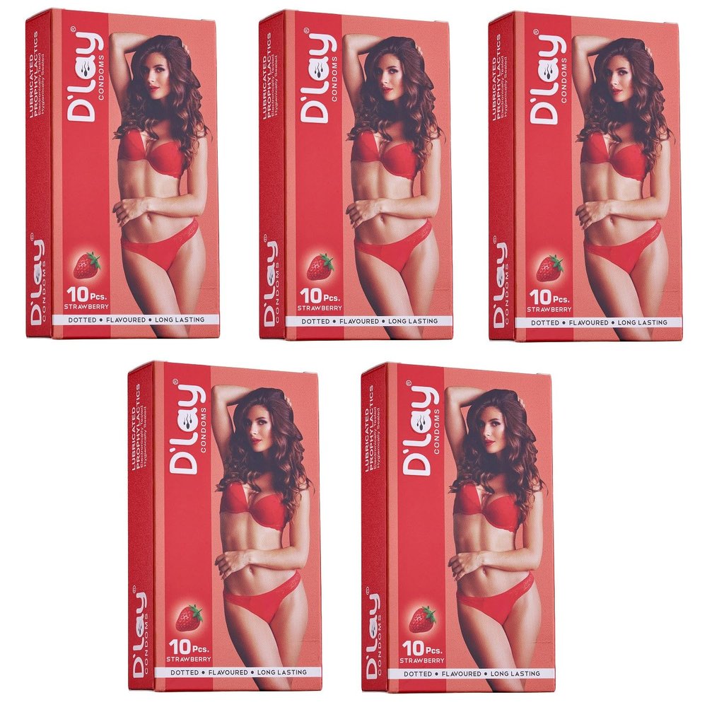 D'lay Dotted Real Feel Condoms for Men | Ultra Soft for Extra Pleasure and Satisfaction | Long Lasted, Lubricated | Strawberry Flavour Condoms - 10 (Pack of 5)